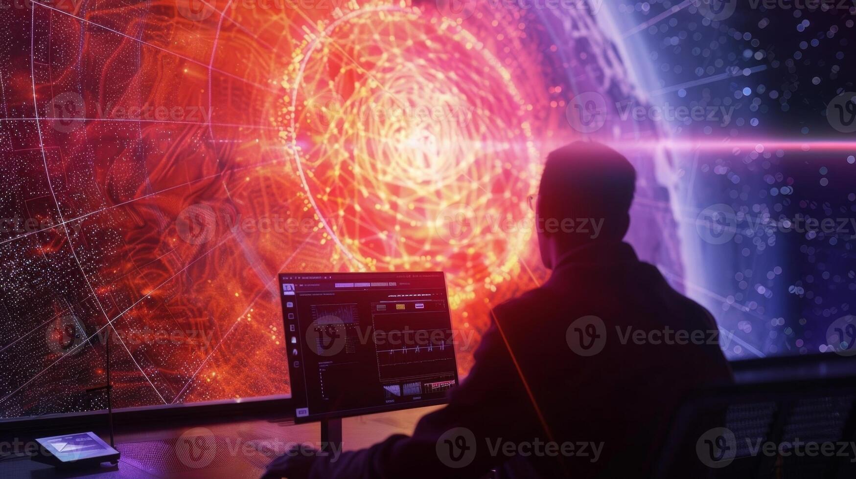 A scientist studies a computer display analyzing data from a telescopes observation of a newly discovered exoplanet photo