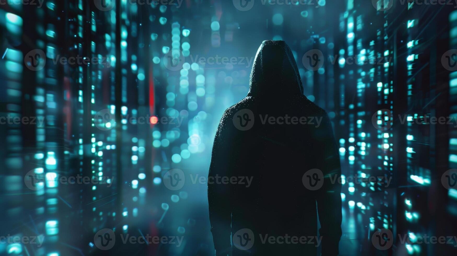 In the foreground an ominous figure lurks representing the everpresent threat of hackers and cybercriminals lurking in the dark corners of the internet photo