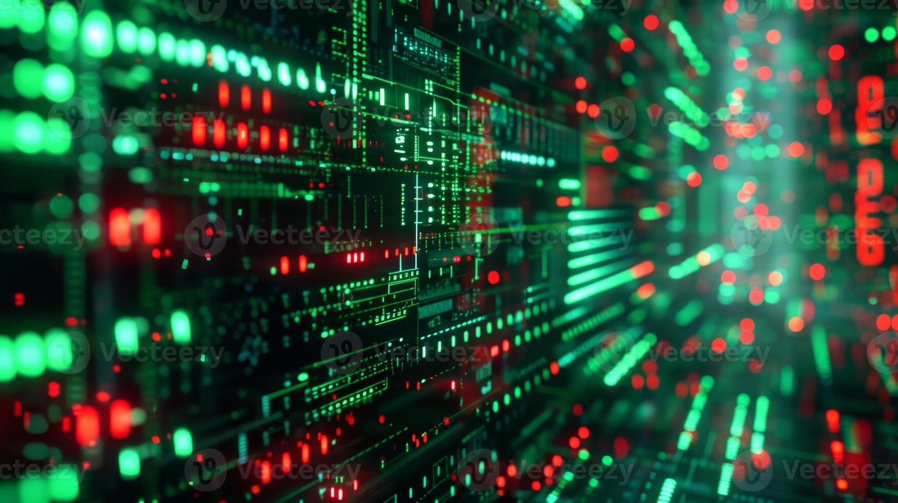 Flashing red and green lights indicate the constant battle between cyber threats and the defenses put in place to mitigate them photo