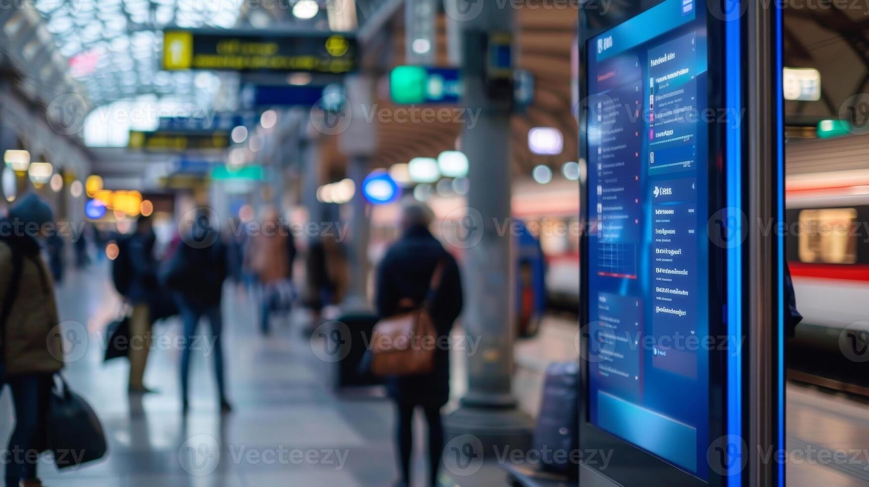 A digital kiosk at a busy train station provides realtime information on service disruptions and alternative modes of transportation keeping passengers informed during unexpected events photo
