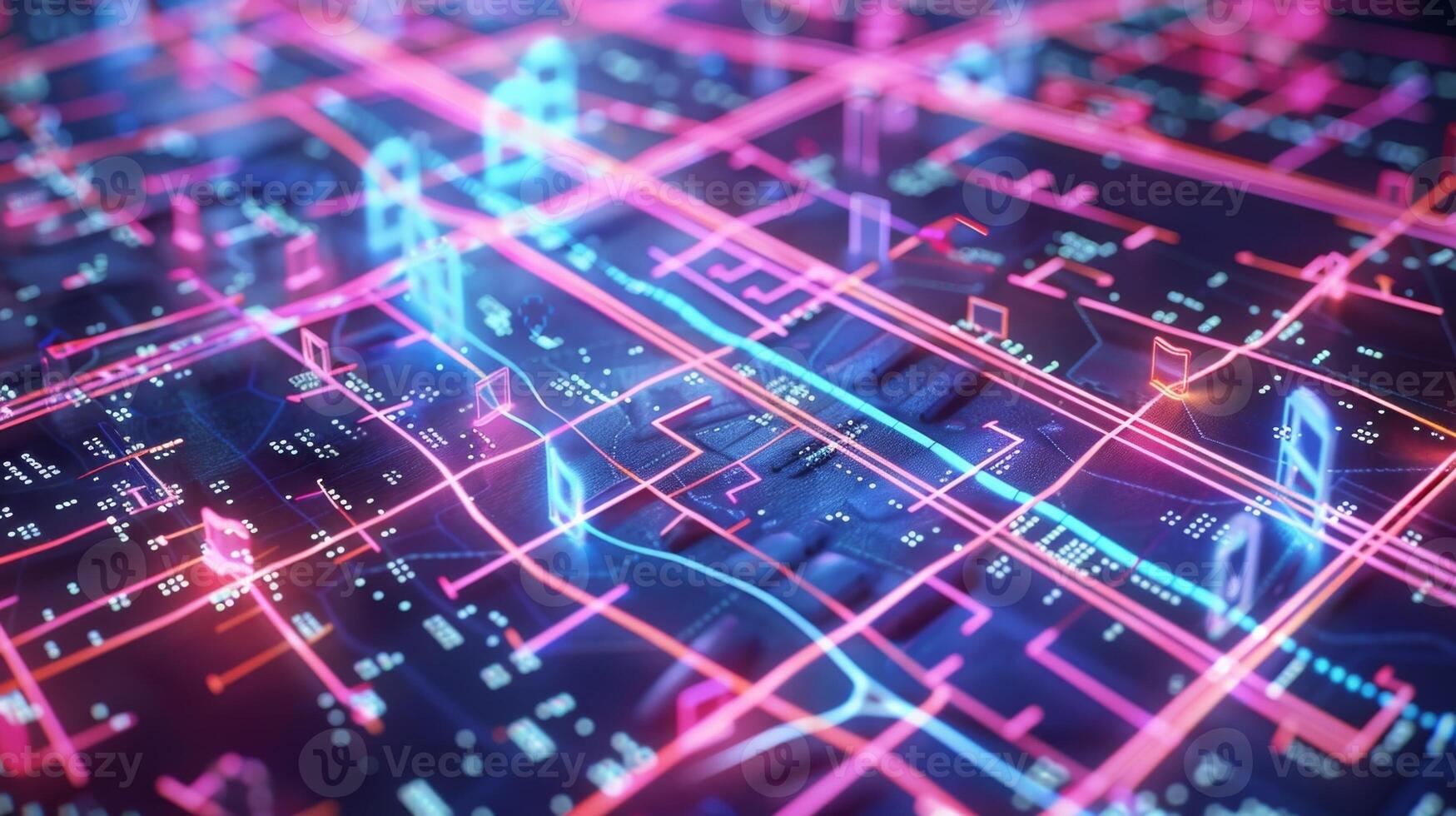 A virtual city map that displays realtime traffic data allowing users to visualize and navigate through the bustling streets and understand traffic patterns in a virtual reality photo