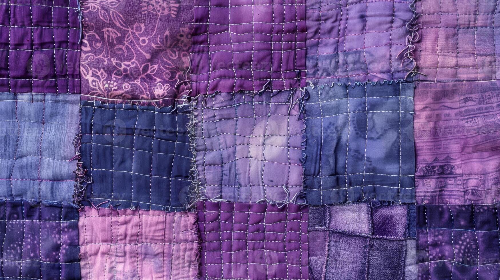 Shades of purple and lavender come together in this recycled fabric quilt with each square featuring a different texture or pattern photo