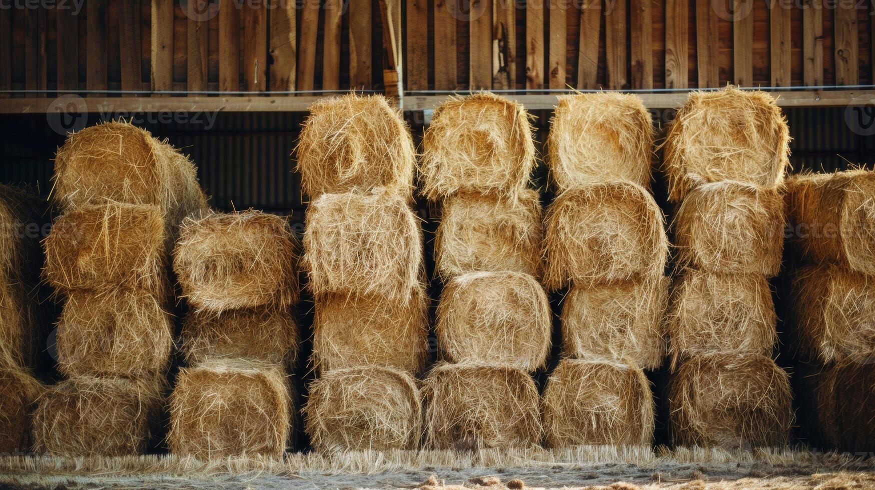 Bales of freshly harvested hay are neatly stacked in the barn ready to be used as feed for the cows during the winter photo