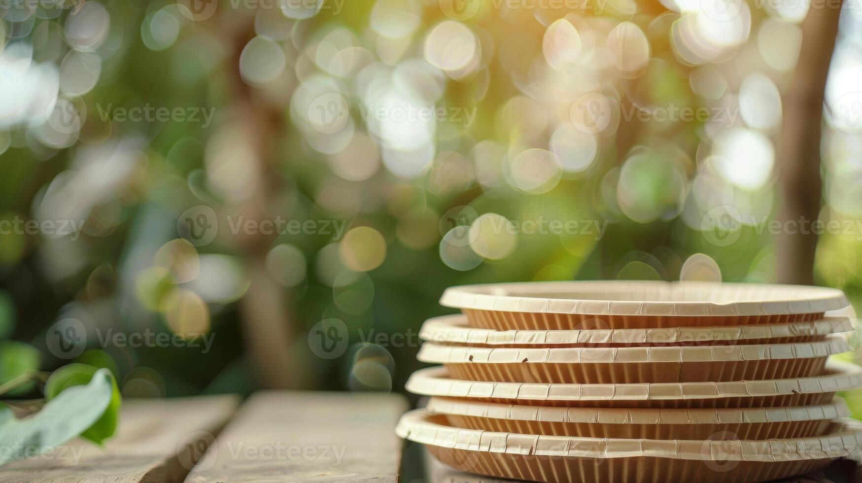 A stack of biodegradable paper plates and compostable lery eliminating the need for plastic photo