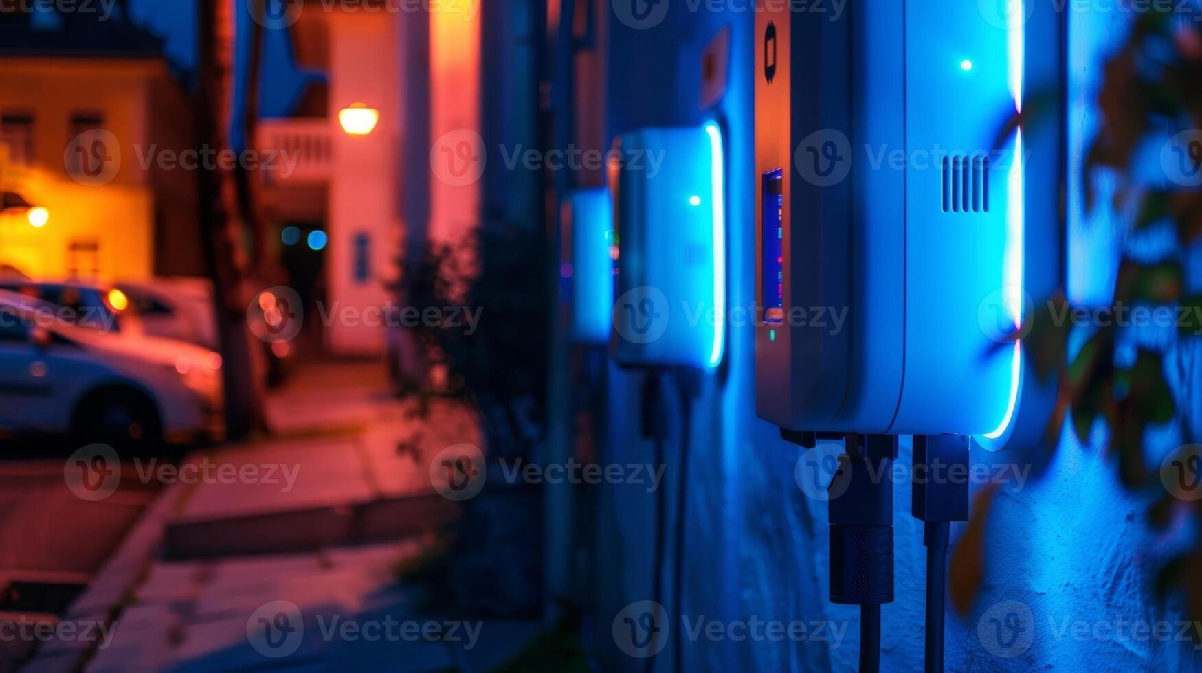 The charging station at night still powering devices thanks to the energy stored during the day photo