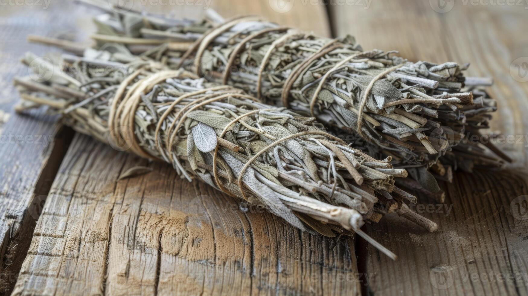 A bundle of dried sage tied with twine known for its reputation as a natural bug repellent during outdoor gatherings photo
