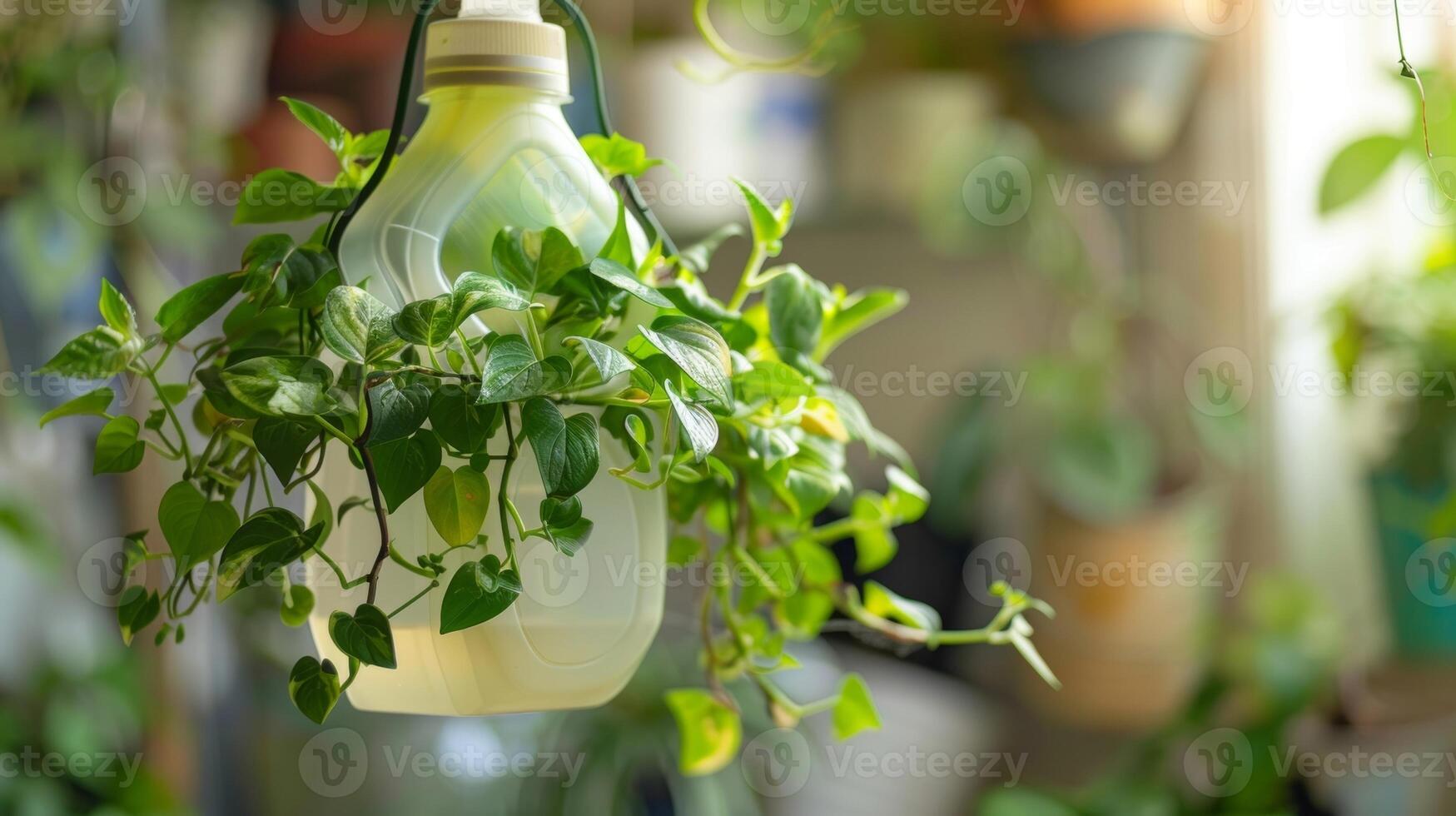 A plastic laundry detergent bottle creatively repurposed into a functional hanging planter adding a touch of greenery to your wall photo