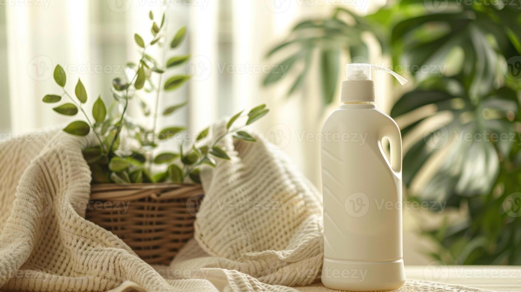 A bottle of allnatural laundry detergent packaged in a minimalist recycled paper label promoting clean and green living photo
