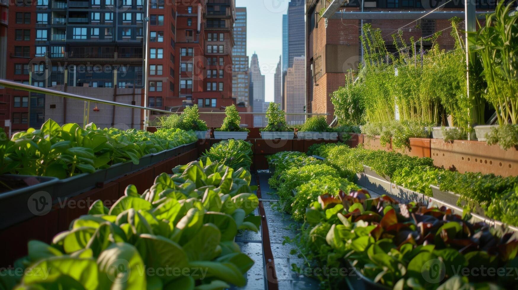A rooftop garden filled with rows of hydroponic towers growing leafy