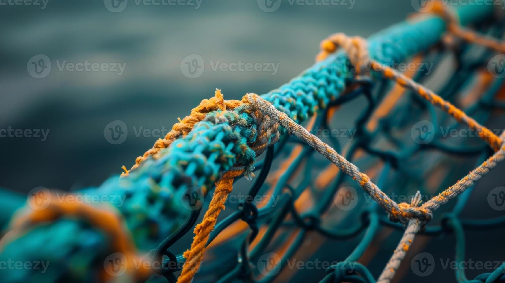 A detailed shot of a durable fishing net with a biodegradable design promoting a healthier environment for marine life photo