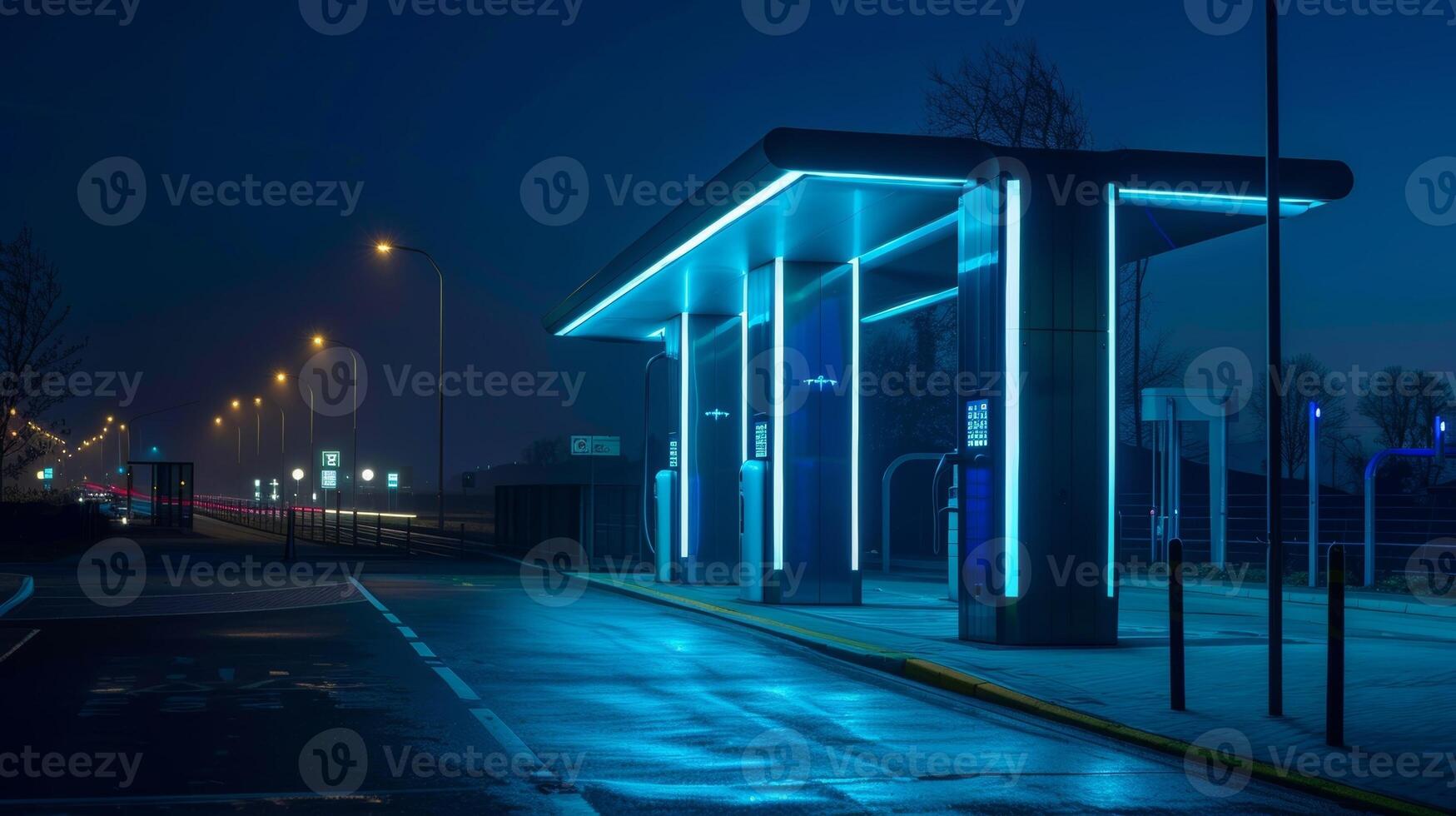 A nighttime shot of an electric vehicle charging station with the glowing LED lights illuminating the area photo