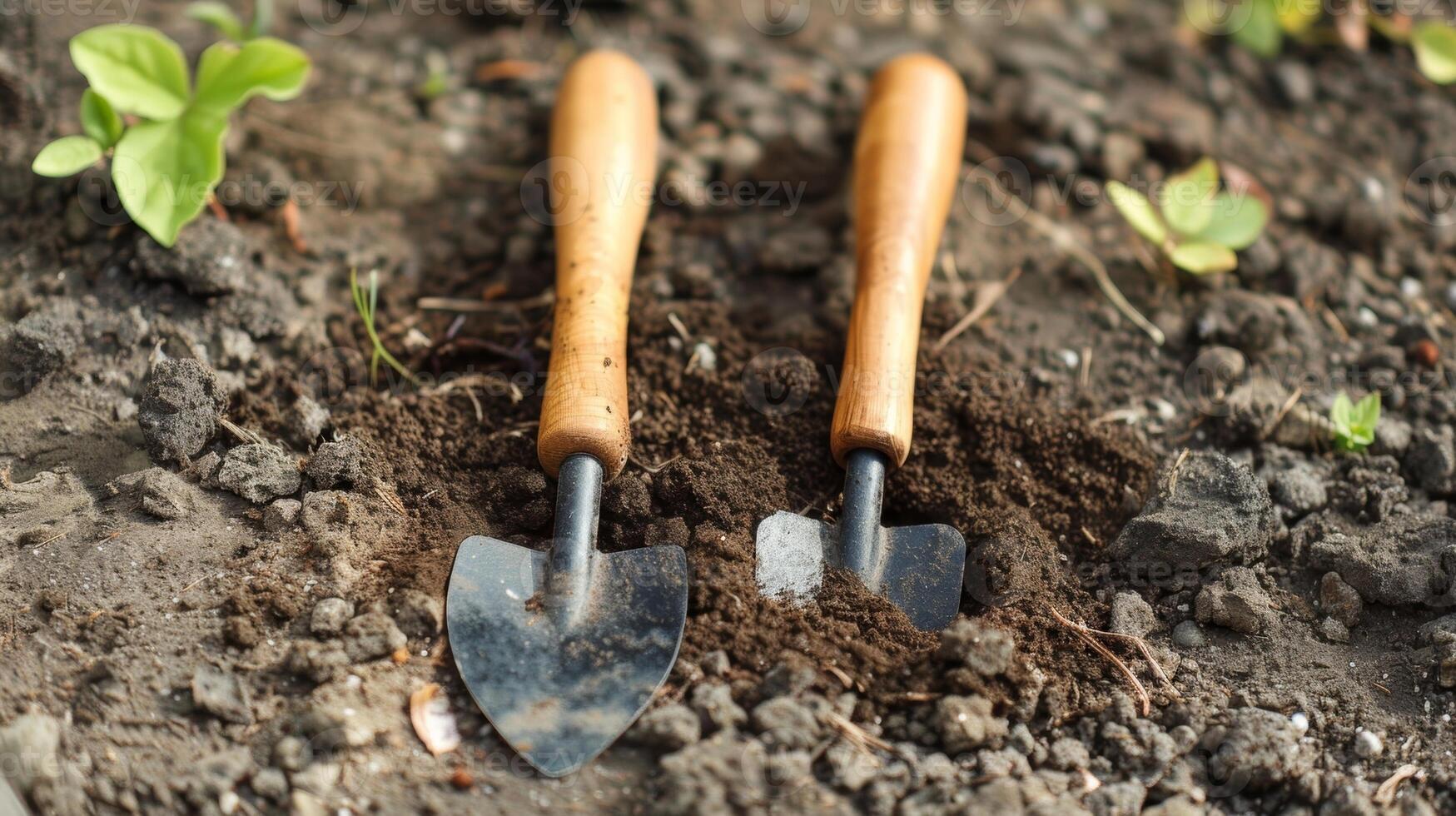 A childsized hoe and trowel set perfect for digging up dirt and planting seeds photo