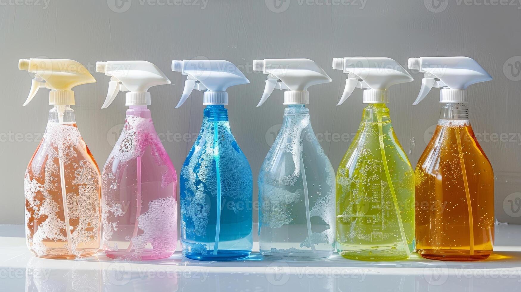 A row of recycled plastic spray bottles each labeled with a different ecofriendly cleaning solution photo