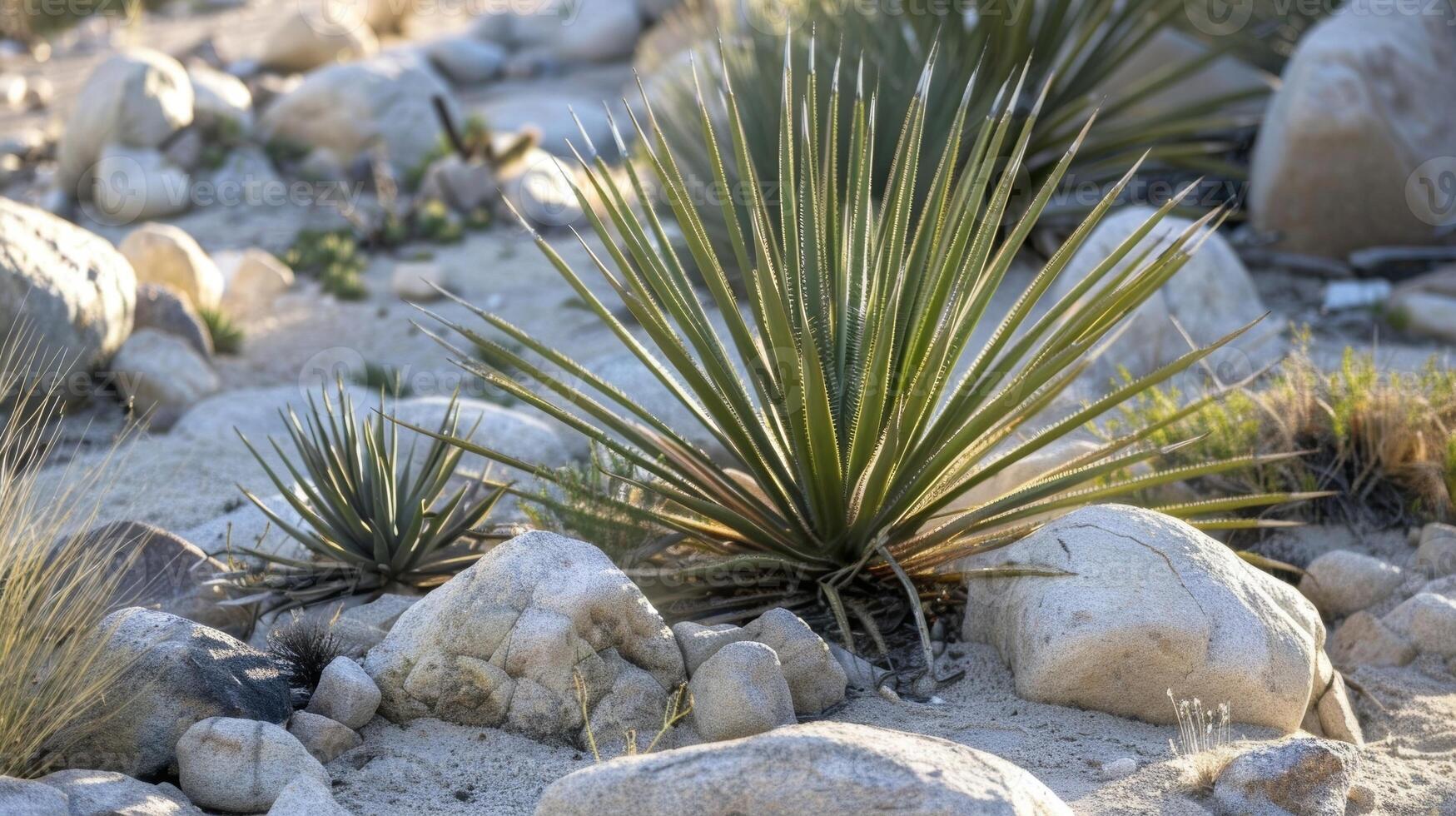A sy spiky yucca plant reaching towards the sun surrounded by rocks and sand photo