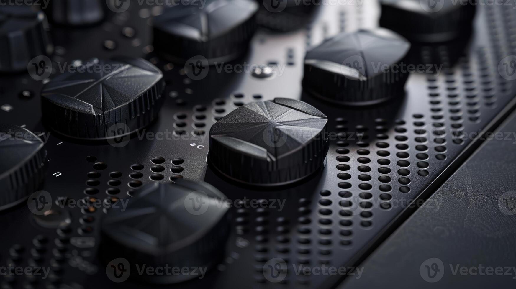 An angled closeup of a matte black control panel showcasing a series of embossed buttons with a geometric pattern etched into each one photo