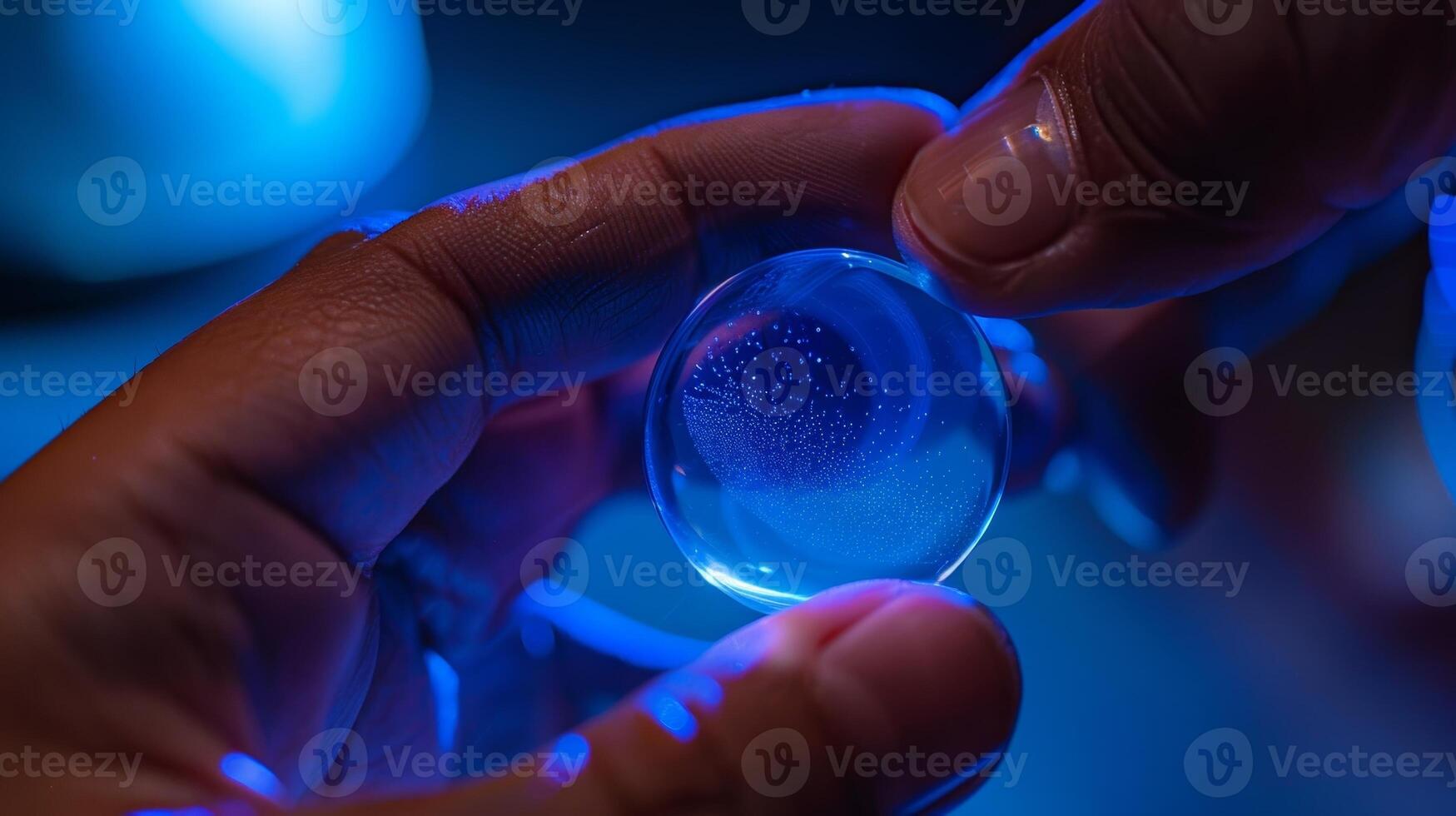 A hand holding a highly reflective lidar sensor with tiny speckles of dust and fingerprints visible on its surface photo