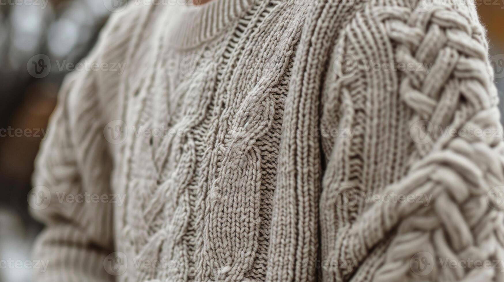 A closer look at the cable knit details of this gentle wool sweater emphasizing the intricacy and craftsmanship of the design photo
