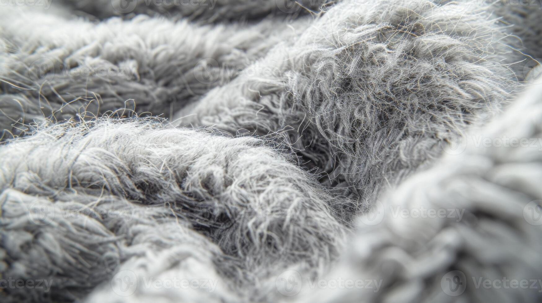 A macro shot of a grey sherpa fleece revealing individual wispy strands that create a soft dense texture photo