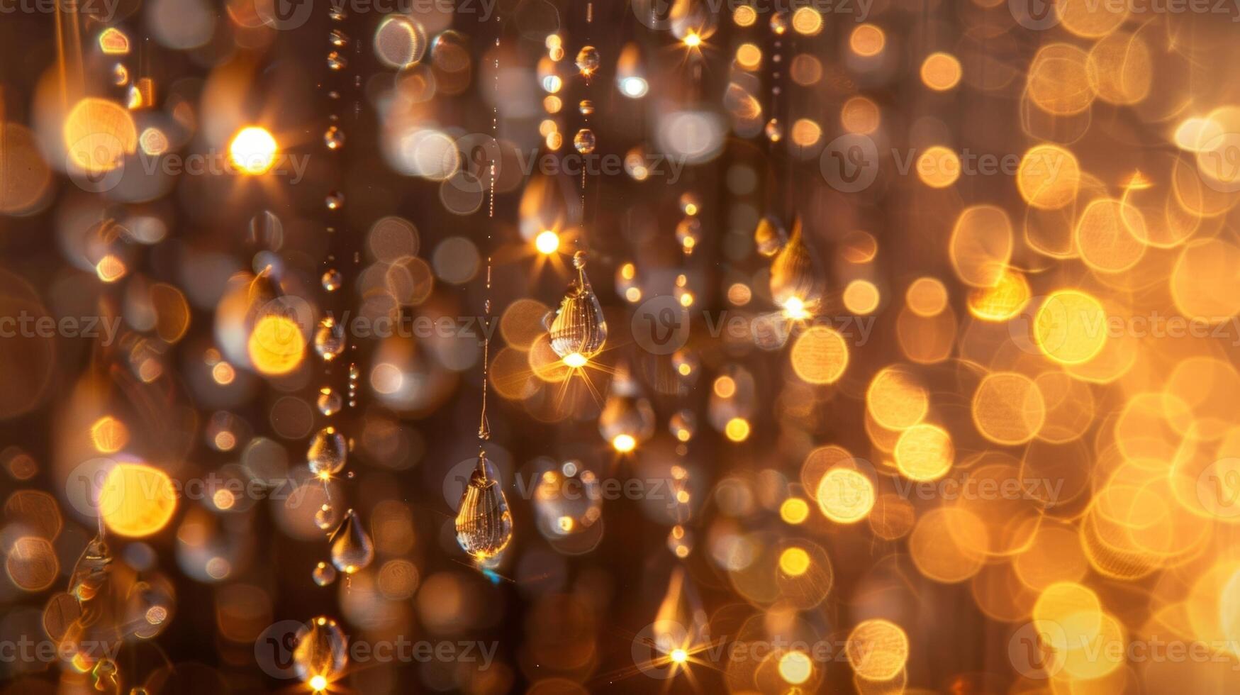 A closeup of sparkling droplets hanging from small LED lights resembling a miniature waterfall with a celestial shimmer photo