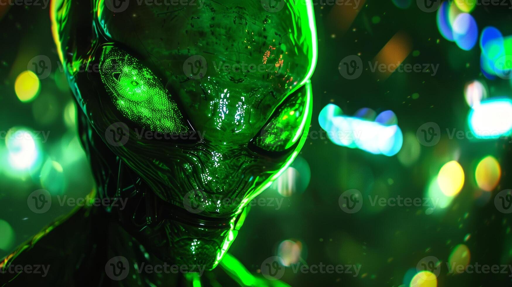 Detailed closeup of a glowing alien sticker with a fluorescent green body and glowing spaceship in the background photo