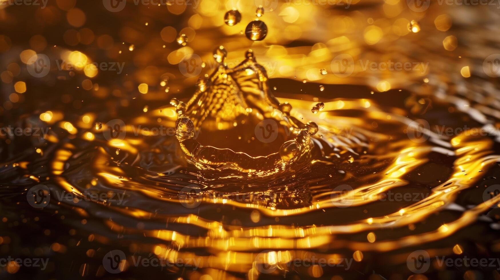 A macro shot of a shimmering golden liquid splash suspended in midair captured at the perfect moment of impact photo