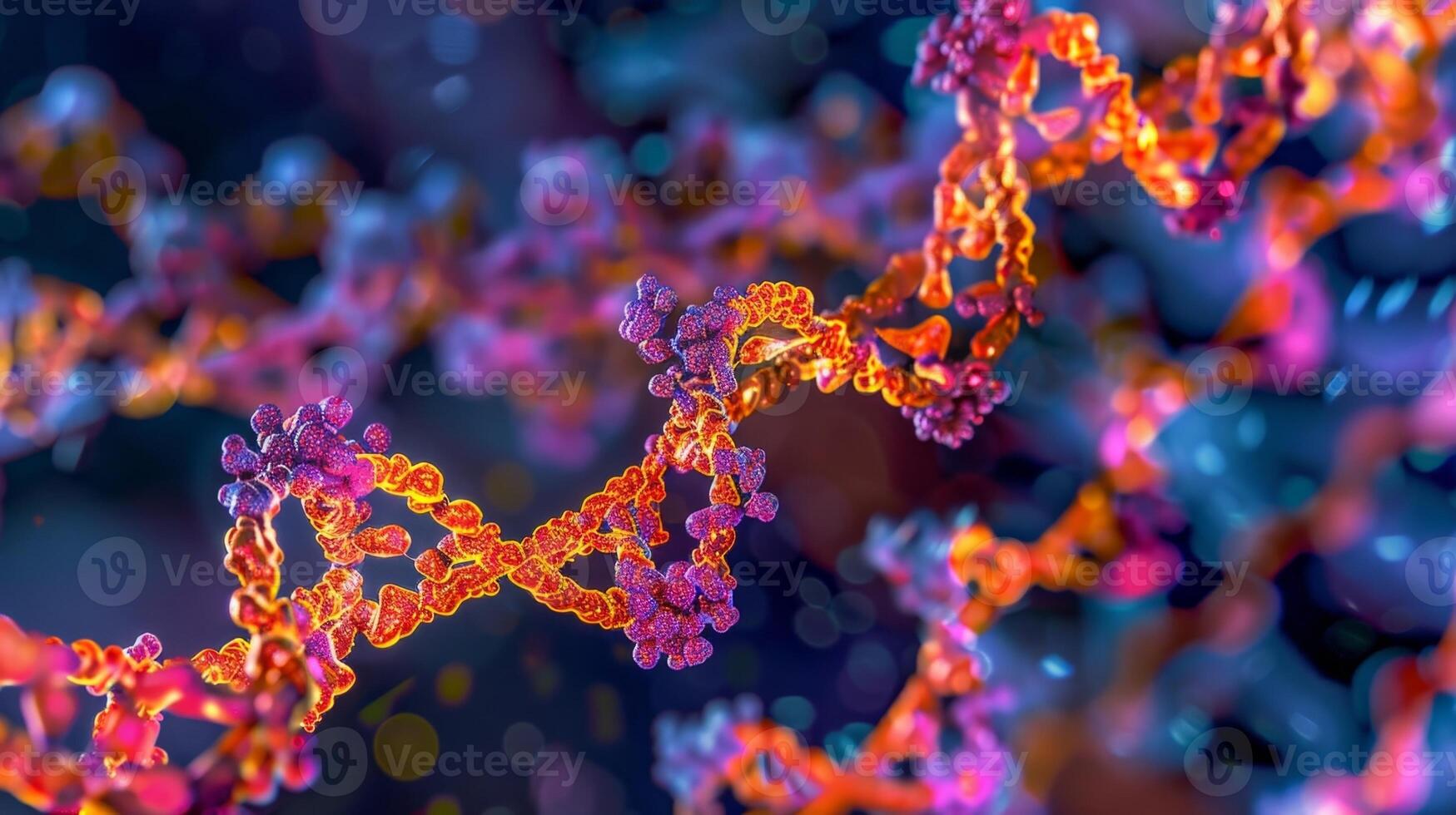 Enhanced image of DNA strands undergoing transcription with RNA polymerases binding to the separated DNA strands photo