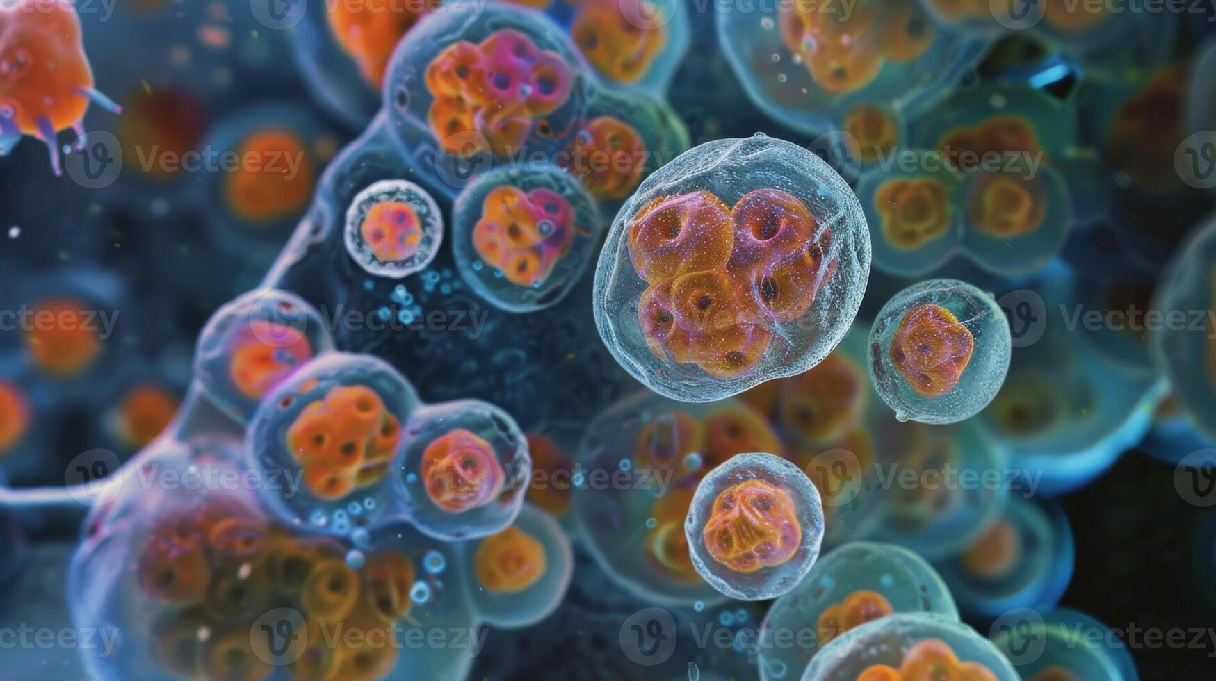 A microscopic closeup of stem cells differentiating into liver cells for detoxification and metabolism photo