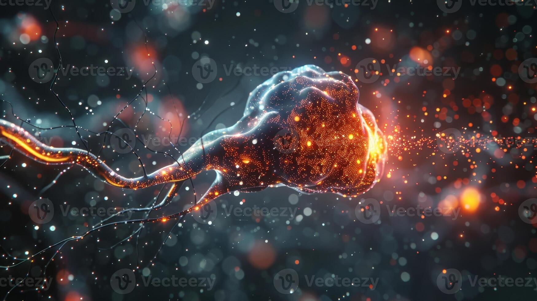 Magnified view of a neuron receiving a burst of neurotransmitters from a synapse photo