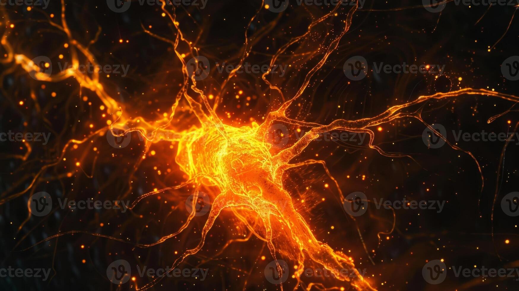 A microscopic view of a myelinated axon firing an electrical signal with bright bursts of light photo
