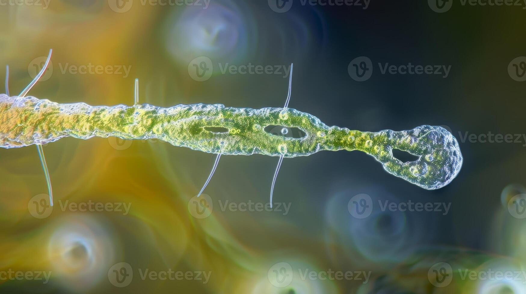 A microorganism with a single long flagellum protruding from its body constantly rotating to help it navigate through its environment photo