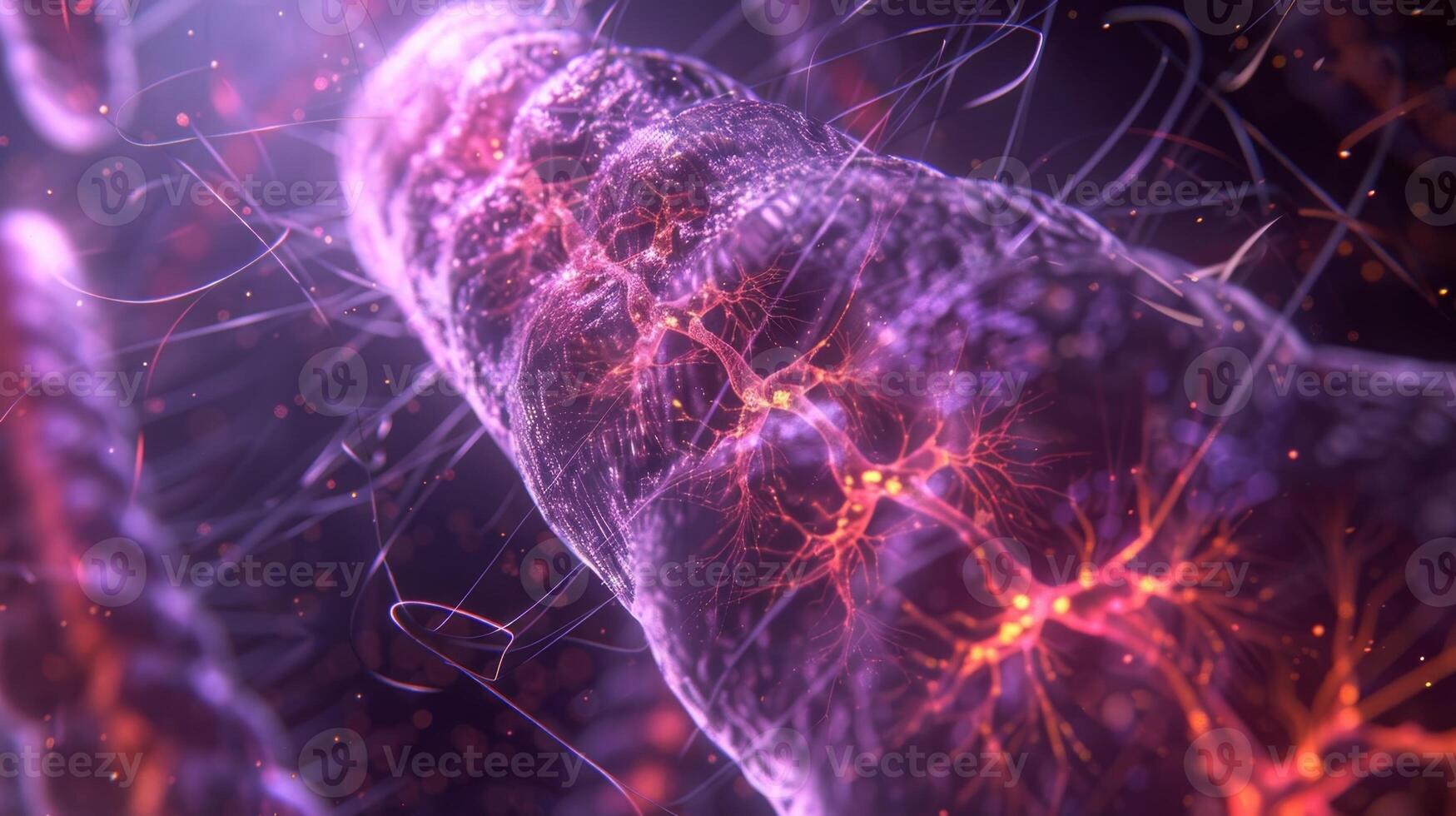 Detailed closeup of a mitochondria with its DNA strands appearing as thin squiggly lines radiating from the center photo