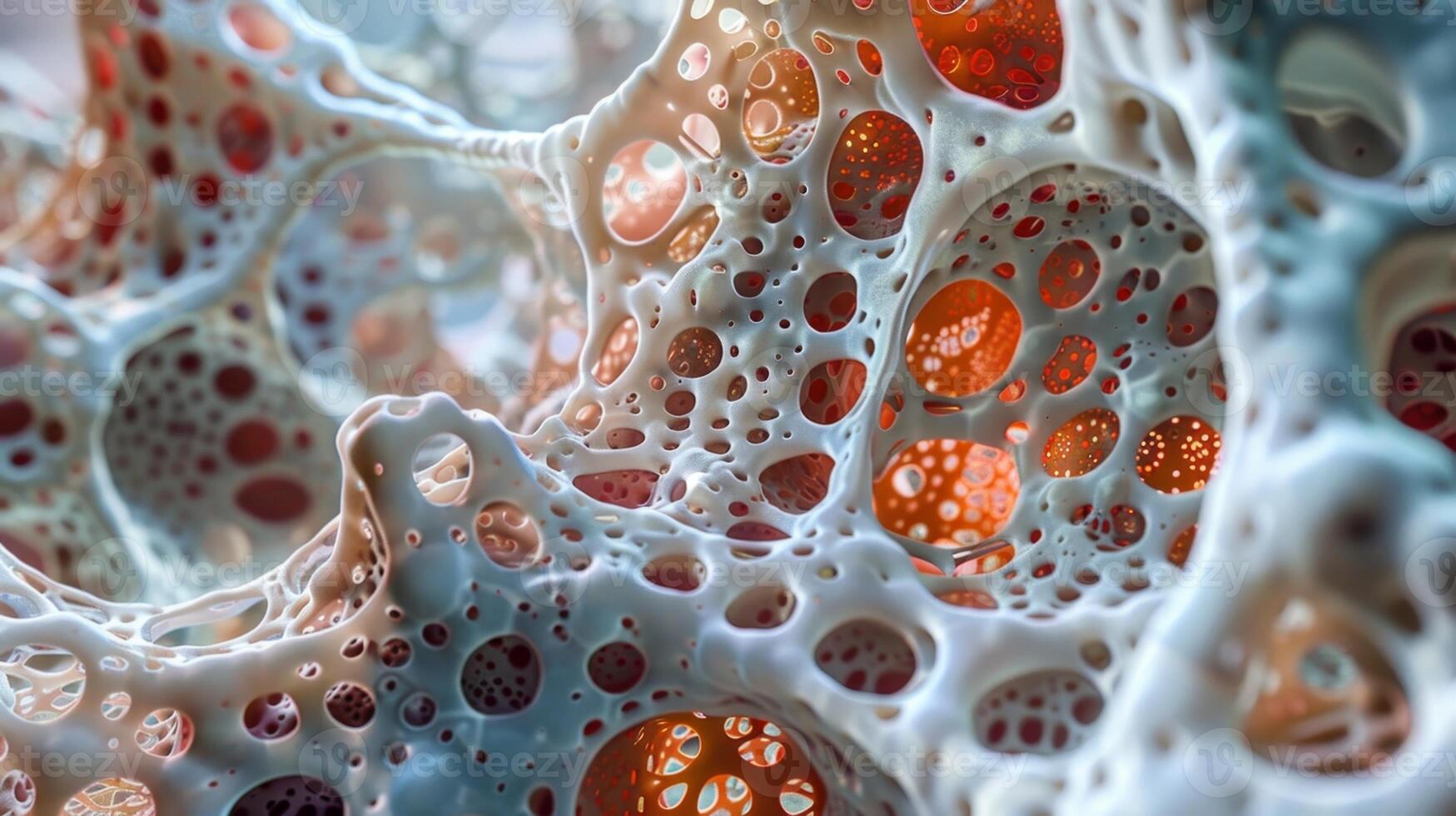 A closeup of the bone marrow architecture showcasing the intricate network of supporting cells and extracellular matrix that aid in erythropoiesis photo