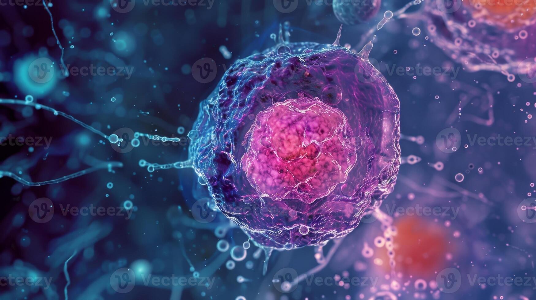 A closeup of a single hematopoietic stem cell showing granular cytoplasm and a large nucleus photo
