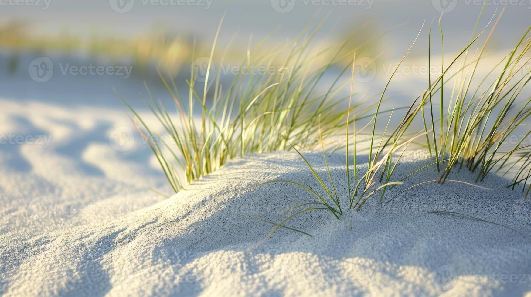 A closeup of a dunes edge where small tufts of grass cling to the smooth rolling sand and create an interesting contrast photo