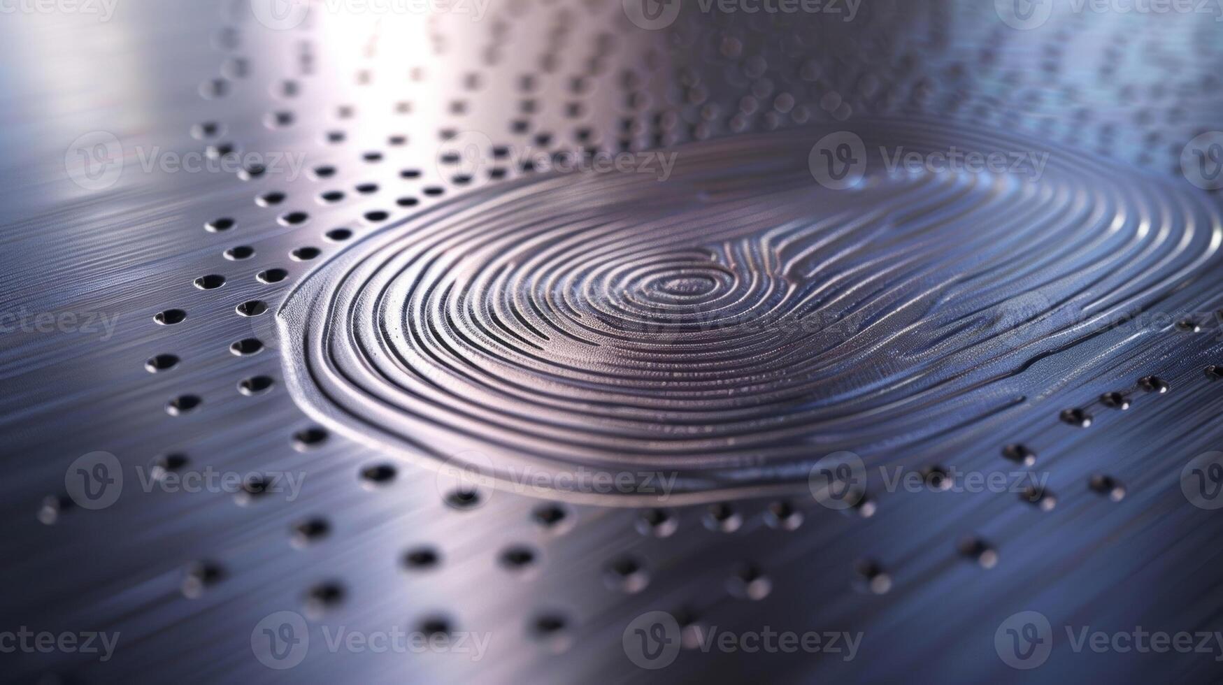 A macro image of a fingerprint sensor embedded into a sleek metallic surface showcasing its integration and blending with modern technology photo