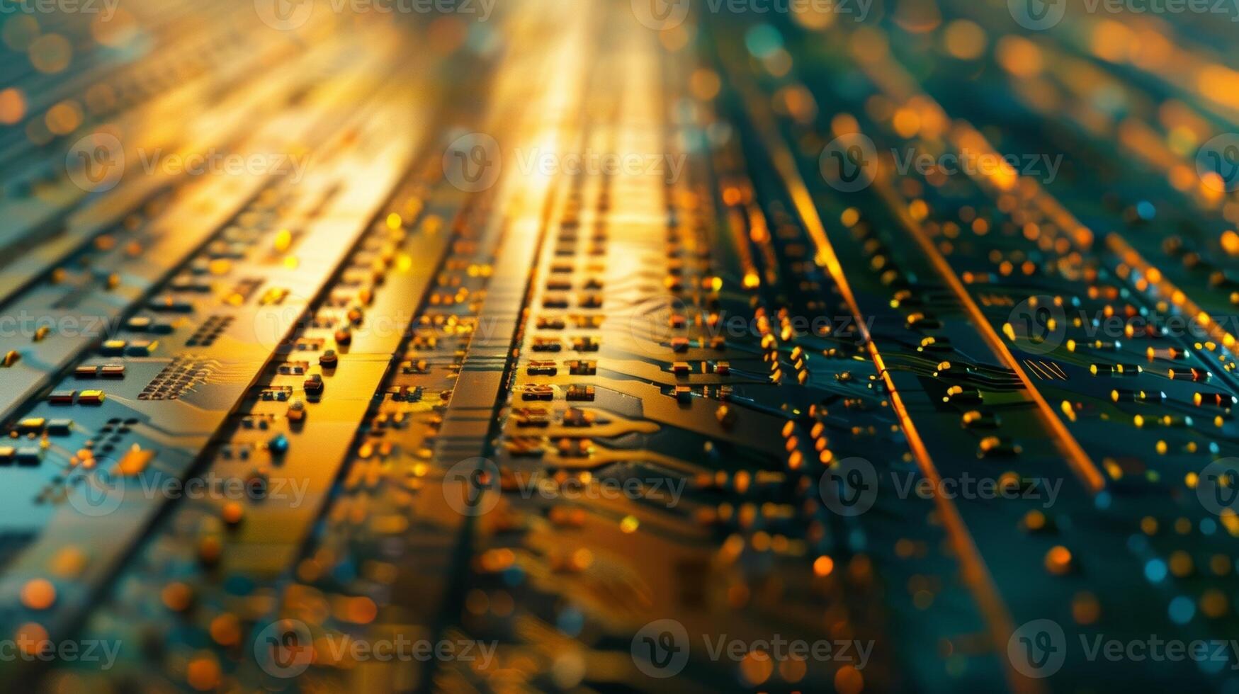 A closeup of a microchip reveals a polished and seamless surface accented with intricate and parallel grooves photo