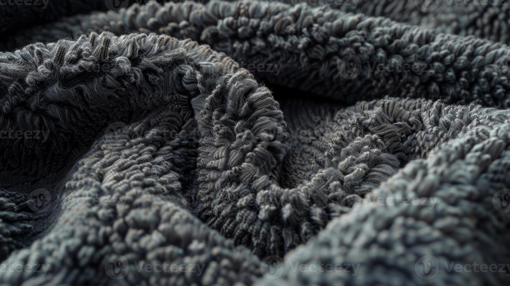 A detailed shot of dark grey Sherpa lining showcasing its dense and plush composition photo