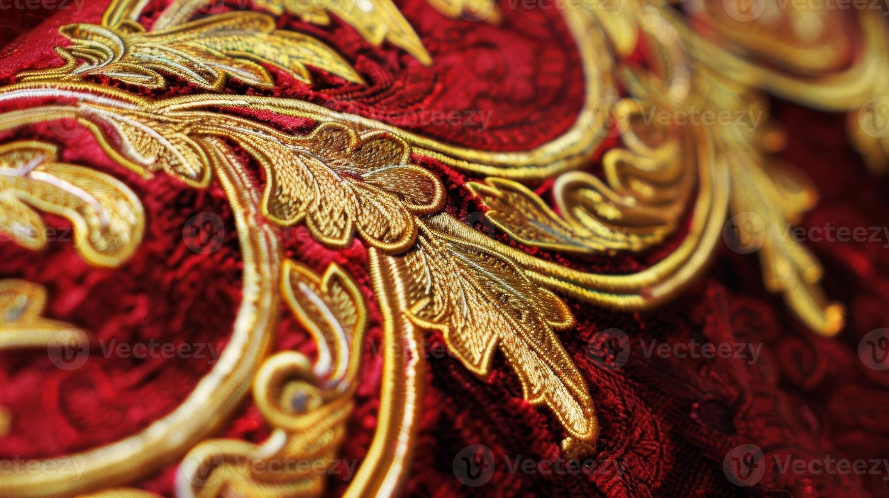 A luxurious closeup of deep red velvet trim lined with intricate gold embroidery photo