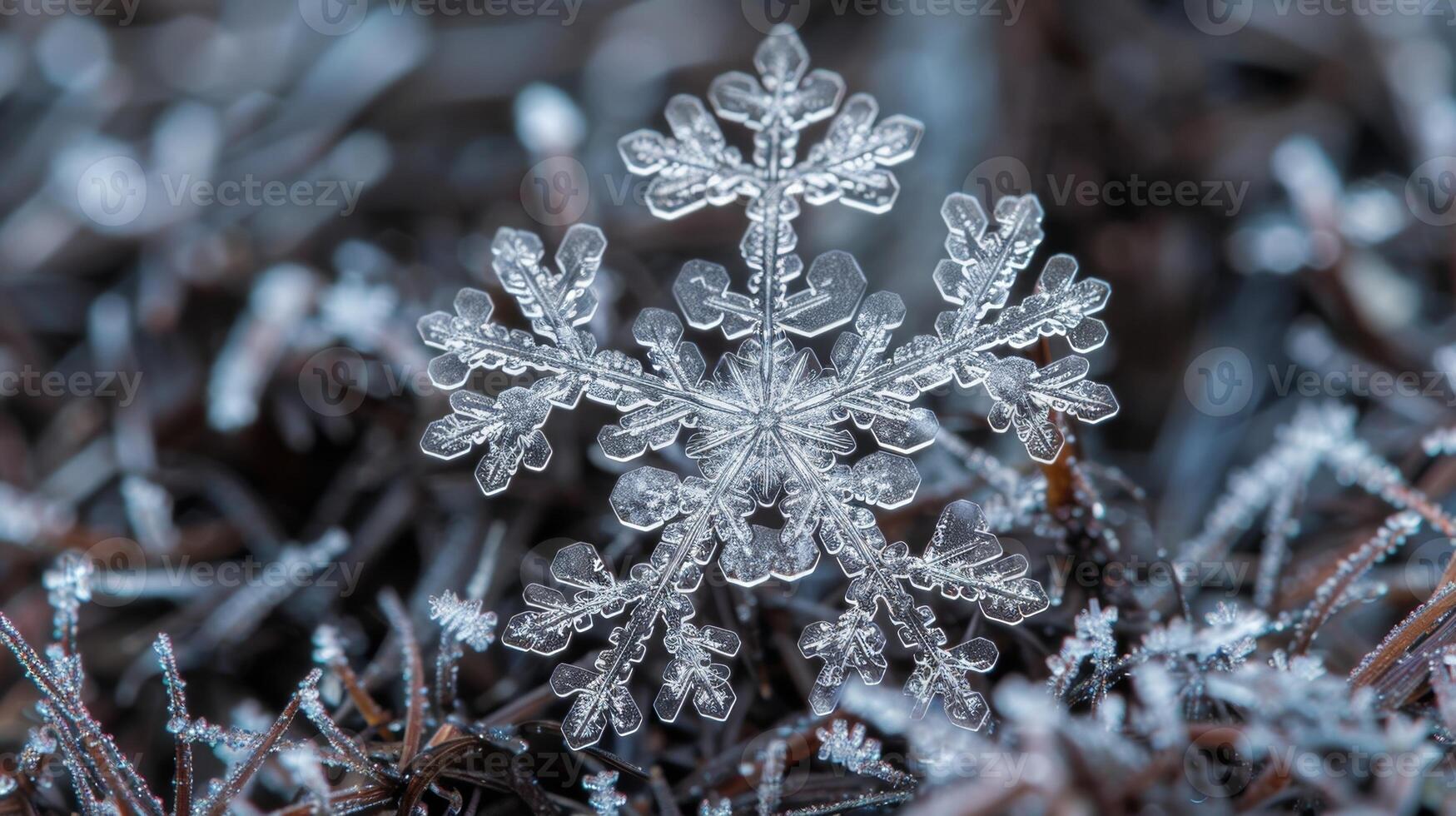 A macro photograph of a single snowflake its shimmering surface resembling a miniature snowcovered landscape photo