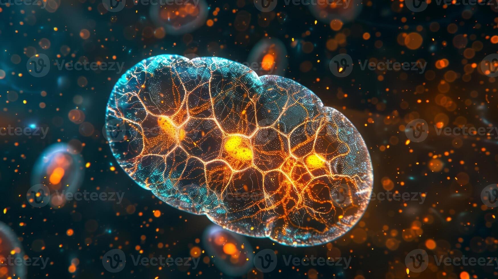 A fluorescent microscopy image of mitochondria within a cell clearly showing their distribution and concentration throughout the cell photo
