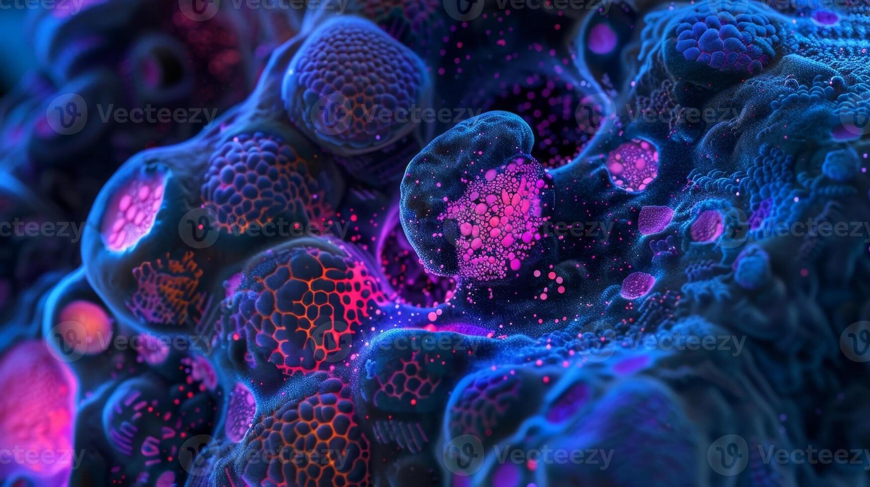 A fluorescence microscopy image of liver cells marked with fluorescent stains to visualize the process of detoxification and identify the specific toxins being removed photo