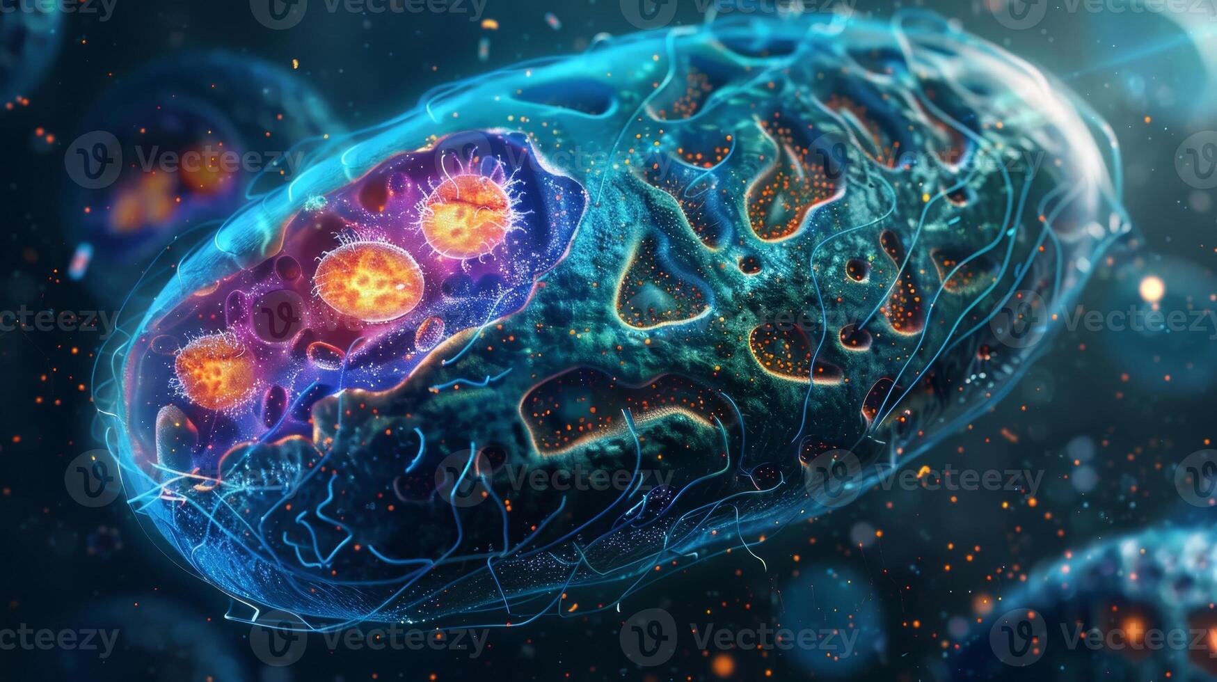 A crosssection image of a cell highlighting the presence of its nucleus mitochondria and acrosome photo