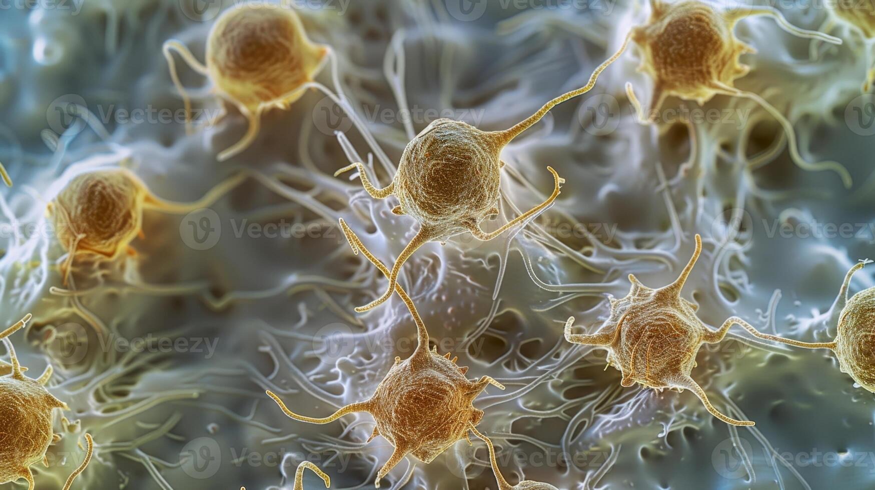 A microscopic image of dendritic cells engulfing and breaking down pathogens preparing to present them to other immune cells photo