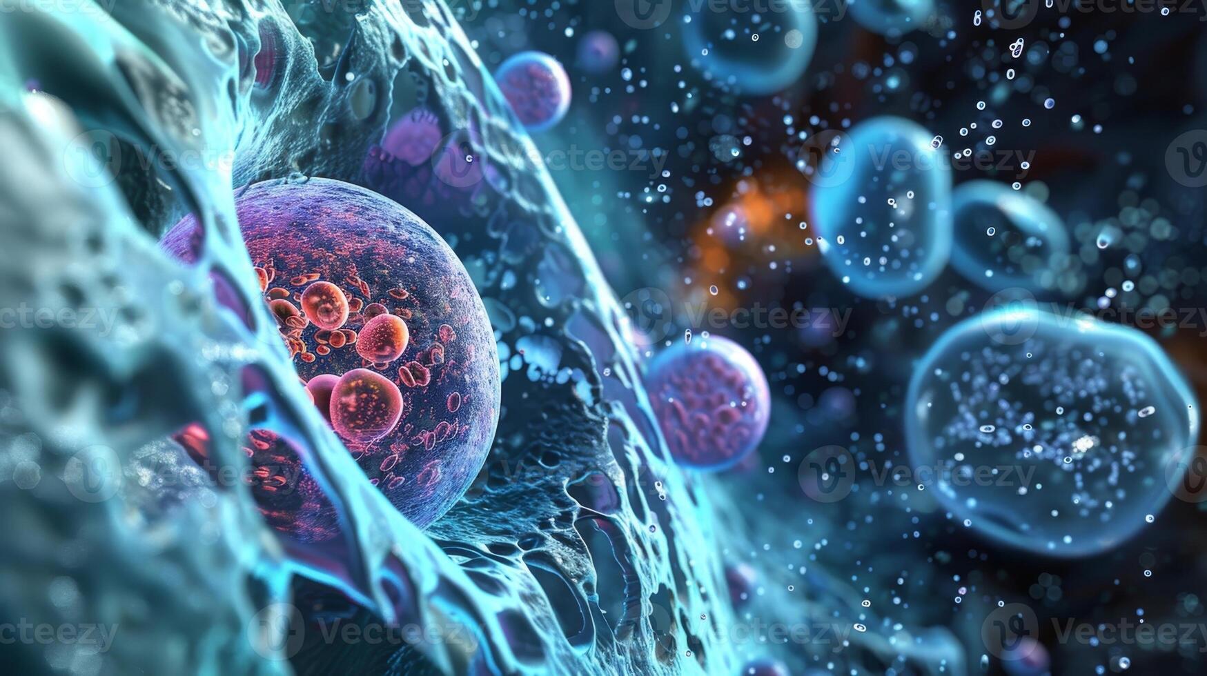 A of vesicles all originating from the Golgi apparatus carrying processed proteins to their final destination within the cell photo