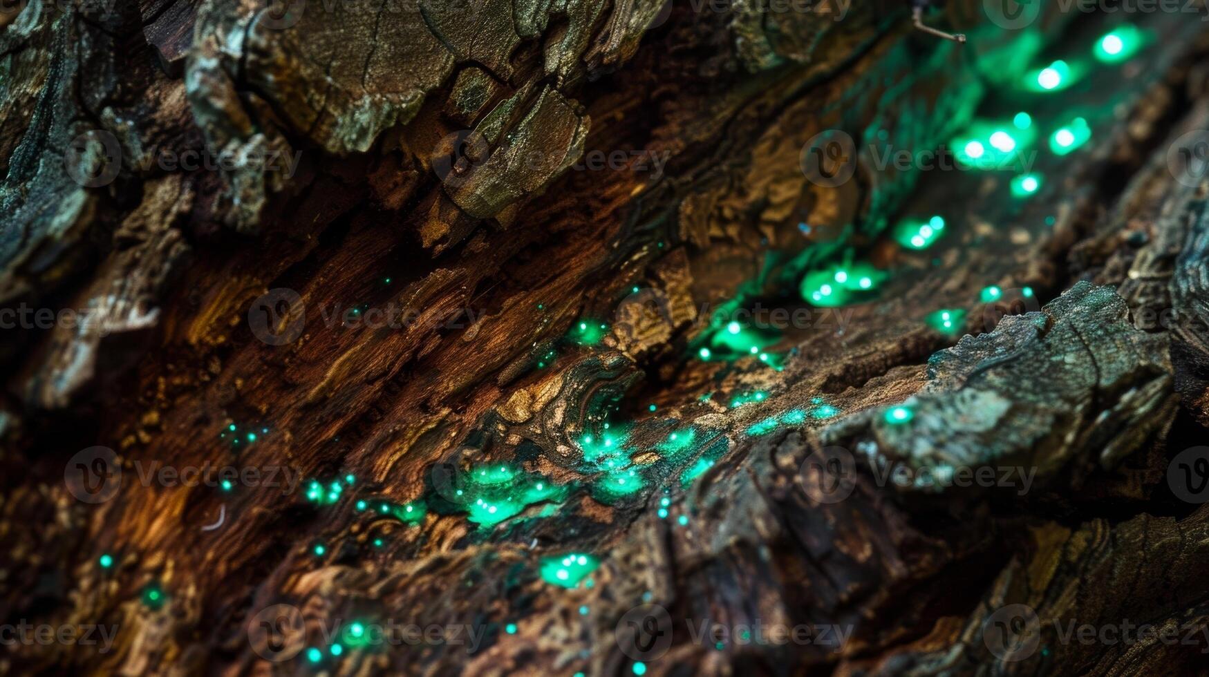 Soft bioluminescent spores covering the bark of an ancient tree casting an ethereal green light photo
