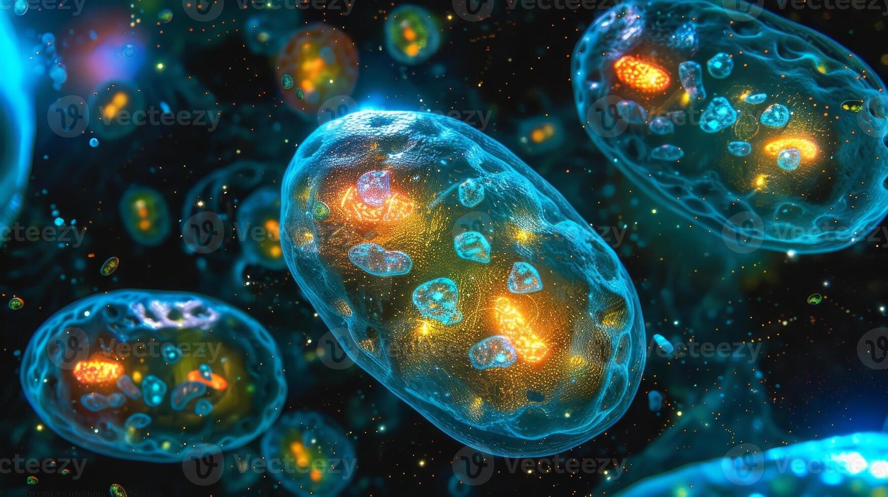 An immunofluorescence image of a cell undergoing cellular respiration with bright spots indicating the active production of energy within mitochondria photo
