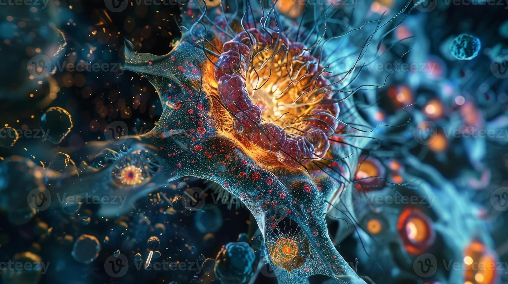 An image of a megakaryocyte a large cell responsible for producing platelets surrounded by developing cells photo