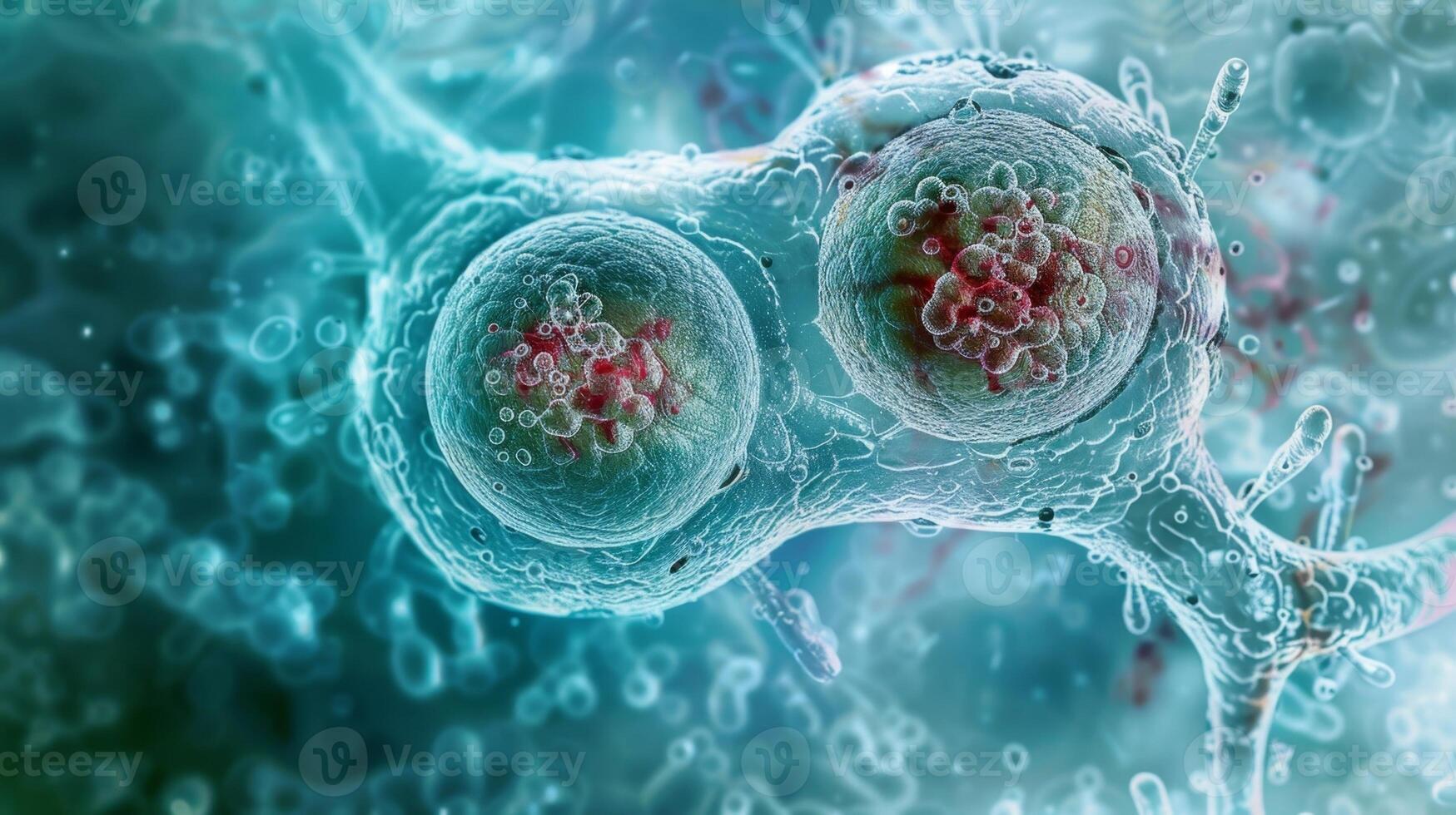 An electron micrograph of a cell in telophase with clear formation of two daughter cells during cytokinesis photo