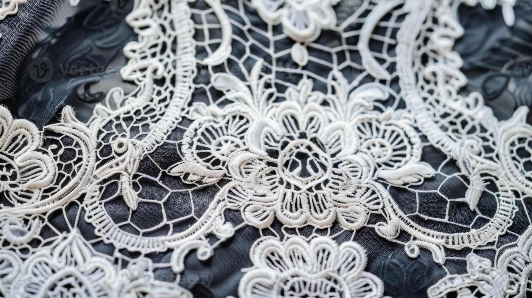 A closeup of this lace reveals a stunning array of intricate shapes and patterns each one adding to its overall dimension and beauty photo