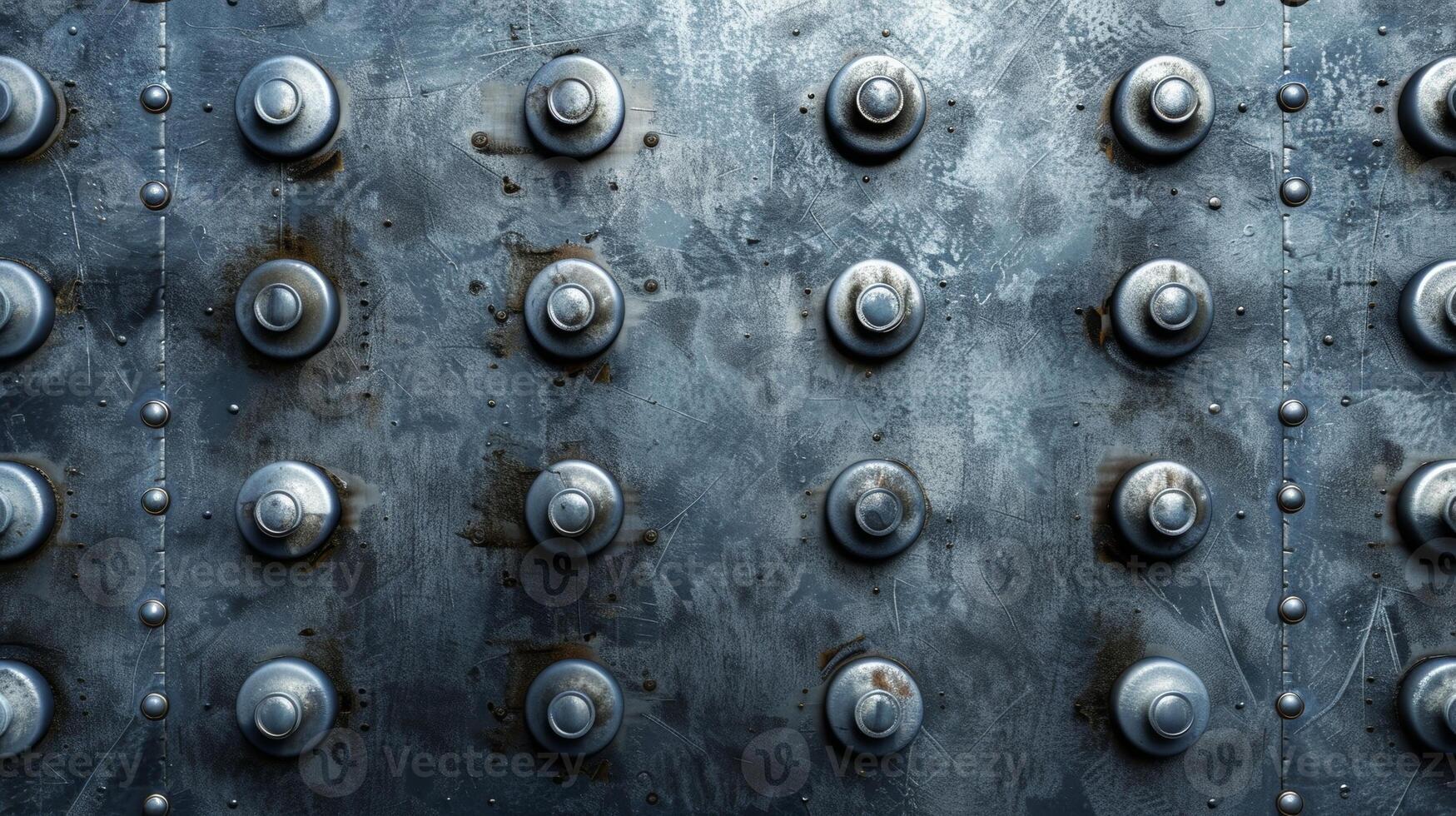 The texture of a brushed metal control panel embossed with a series of circular buttons and switches giving it a futuristic and industrial look photo